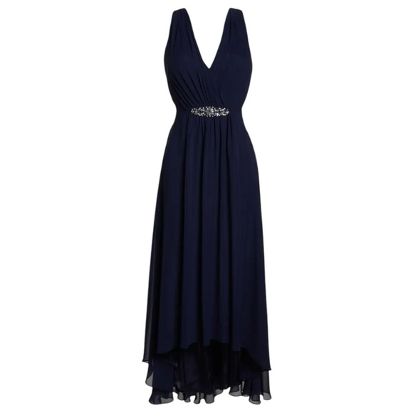 Eliza J Embellished High Low Chiffon Dress 10 Navy Blue - Picture 4 of 13